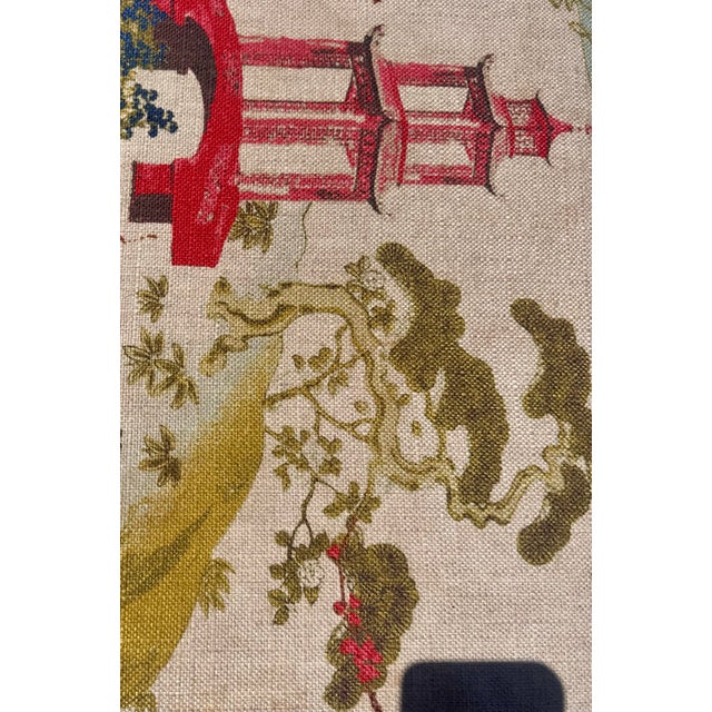 1970s Pair of Vintage Painted Gold Bamboo Stools in Regal Fabrics “Zen Toile” Upholstery For Sale - Image 5 of 11