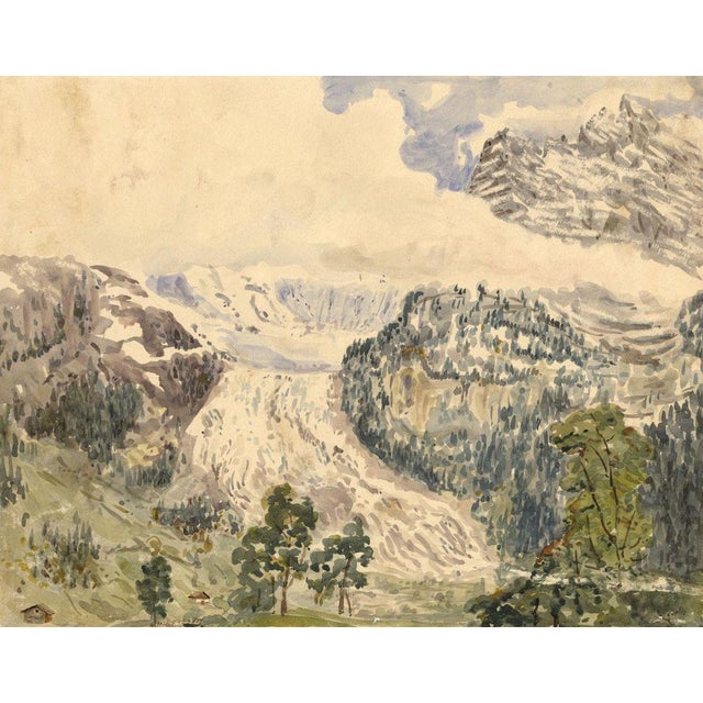 An original 1850s watercolour painting, F. Devis, Lower Grindelwald Glacier, Switzerland.A loosely painted watercolour...