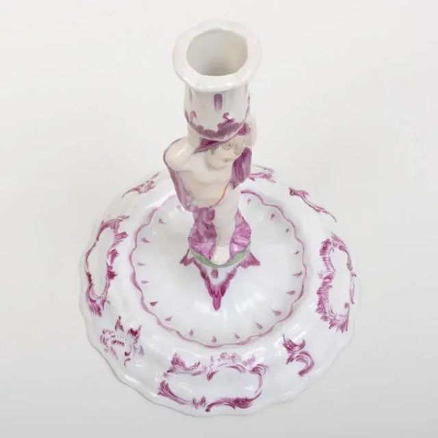 Ceramic Antique 18th Century German Baroque Porcelain Candlestick with Figural Putto Angel Stem For Sale - Image 7 of 10