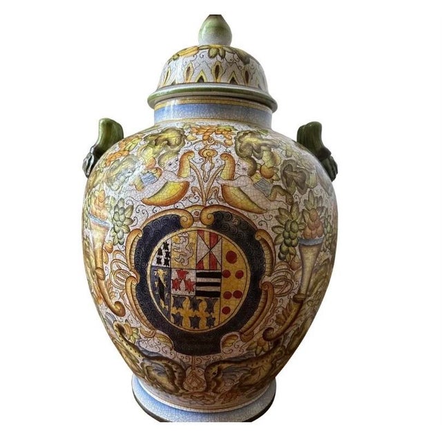 Ceramic Large Cherub Painted Floor Vase/Urn For Sale - Image 7 of 9