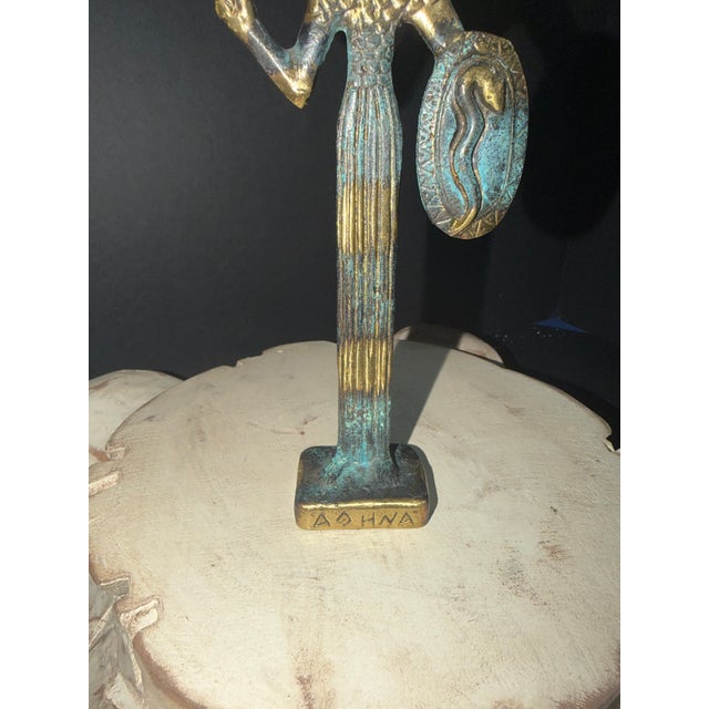 Goddess Athena with owl and snake shield, handmade, solid bronze.
