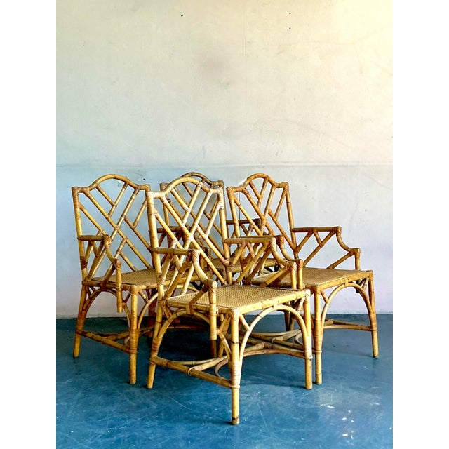 Wood Vintage Boho Chinese Chippendale Bamboo Dining Arm Chairs - Set of 4 For Sale - Image 7 of 8