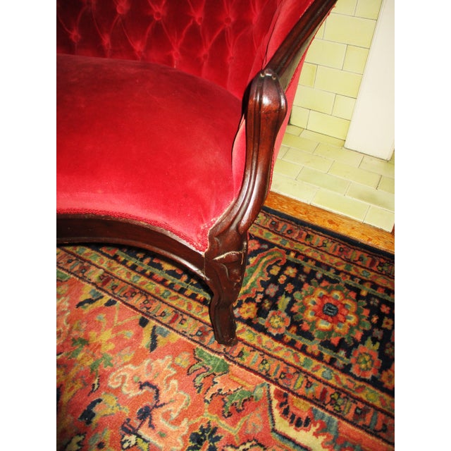 Antique Victorian Carved Walnut Red Velvet Tufted Love Seat For Sale - Image 9 of 14