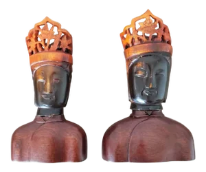Chinese Ox Horn Buddha Head Figures - a Pair