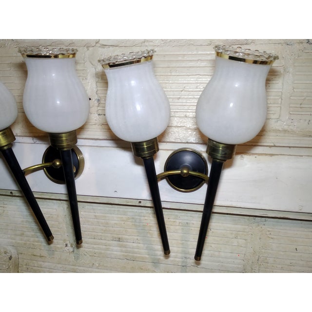Gold and Black Wall Lights with White Glass Shade, 1970s, Set of 2 For Sale - Image 4 of 13