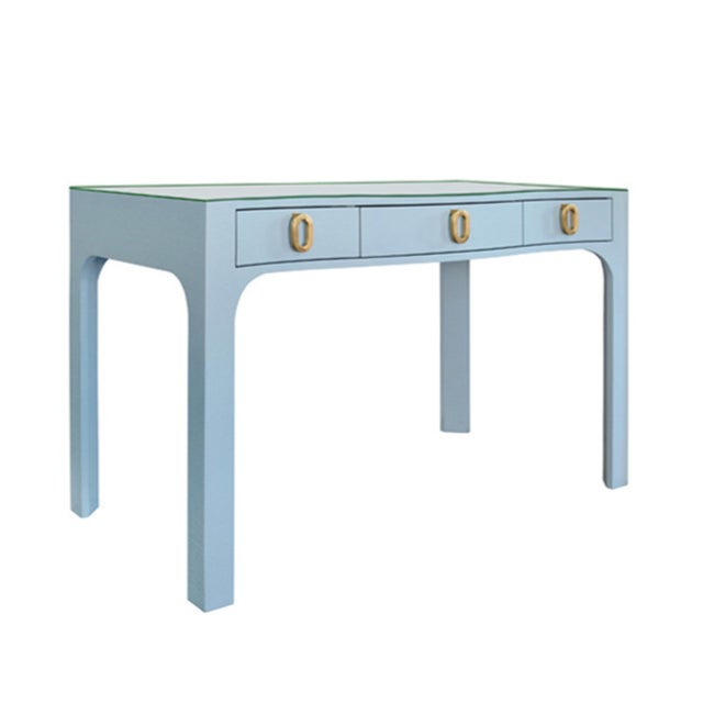 Contemporary Matthew Izzo Home Gladys Light Blue Textured Linen Three Drawer Desk With Brass Hardware and Glass Top For Sale - Image 3 of 8