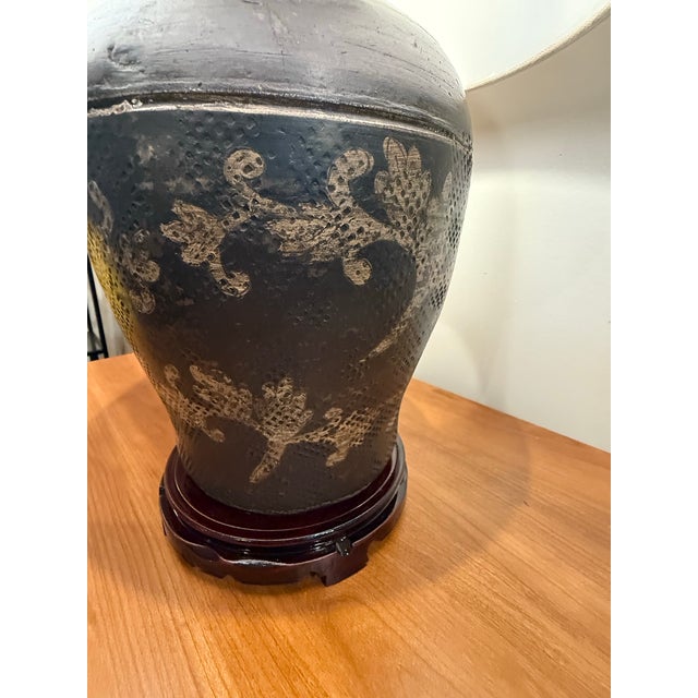 1990s Aged Brown Pottery Urn as Lamp With Decorative Carvings For Sale - Image 9 of 9