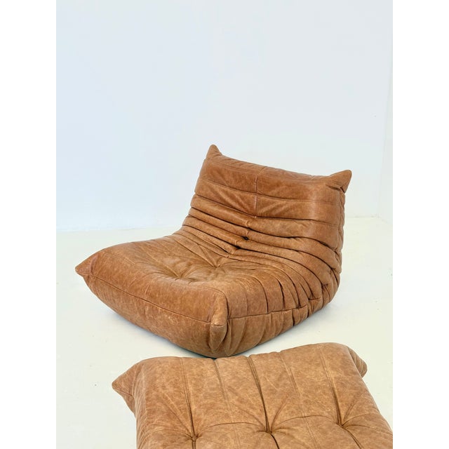 Brown Togo Armchair with Ottoman in Cognac Leather by Michel Ducaroy for Ligne Roset, 2000s, Set of 2 For Sale - Image 8 of 14