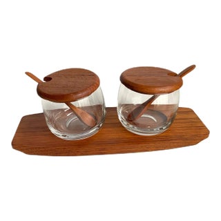 Mid Century Danish Modern 1960s Teak Condiment Set Tray Covered Dish & Spoons For Sale