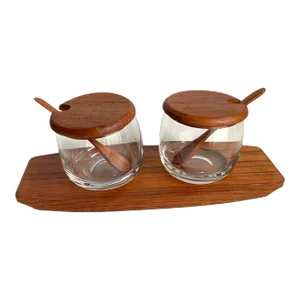 Mid Century Danish Modern 1960s Teak Condiment Set Tray Covered Dish & Spoons