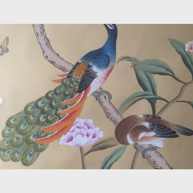 Gold Chinoiserie Garden Mural | 2-Panel Hand-Painted Floral Bird Art Set For Sale - Image 6 of 6