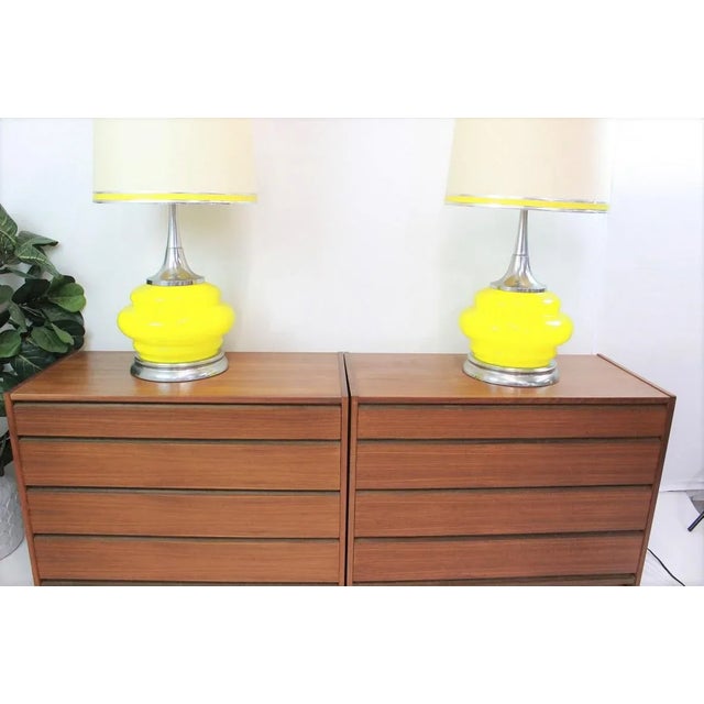 Mid-Century Modern Pair of 1970's Lamps Yellow Glass and Chrome For Sale - Image 3 of 11