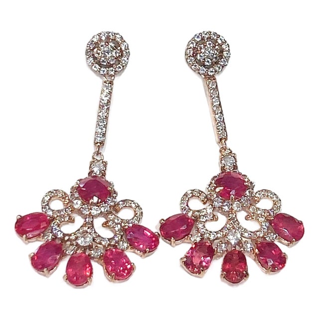 Bochic “Capri” Vintage Ruby & White Topaz Earrings Set In 18K Gold & Silver For Sale