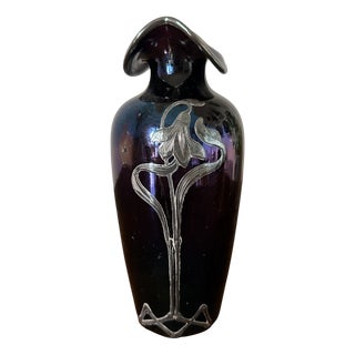 Art Nouveau Iridescent Glass Soliflore Vase with Sterling Overlay, France, 1900s For Sale