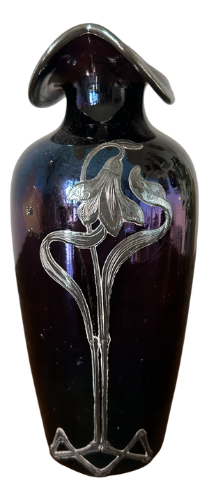 Art Nouveau Iridescent Glass Soliflore Vase with Sterling Overlay, France, 1900s