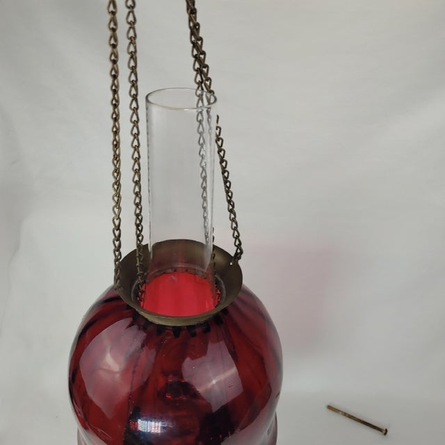 Late 19th Century Antique Ruby Red Glass Hanging Oil Lamp Macbeth Pearl Glass Chimney Brass Trim For Sale - Image 5 of 13