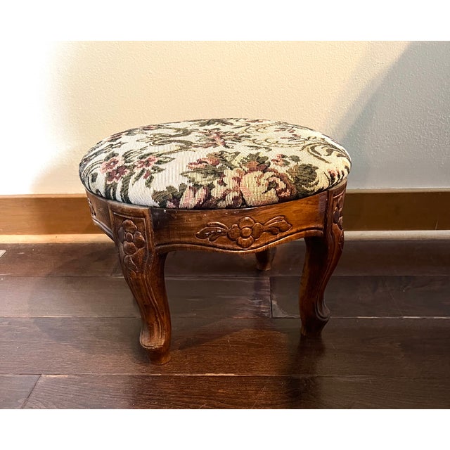 Rustic European Vintage Carved Wood Footstool With Floral Tapestry Upholstery For Sale - Image 3 of 12