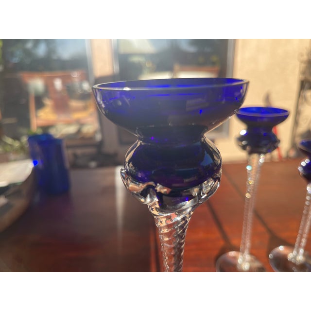 1980s Romanian Cobalt Blue Glass Candleholders: Handcrafted Crystal Set For Sale - Image 5 of 9