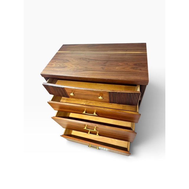1960s Refinished 1960s Mid Century Modern Walnut Tallboy Dresser | Vintage Walnut Crescent Series S-2430 Highboy Chest | Fluted Louvered Accent Drawer For Sale - Image 5 of 12