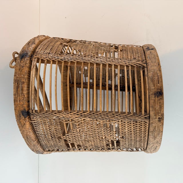 Tan Vintage Handwoven Rattan Basket With Double Handles and Geometric Weave For Sale - Image 8 of 10