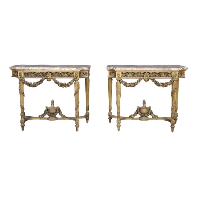 Pair of Fine Quality Marble Top Giltwood Louis XVI Console Tables Circa 1870 For Sale