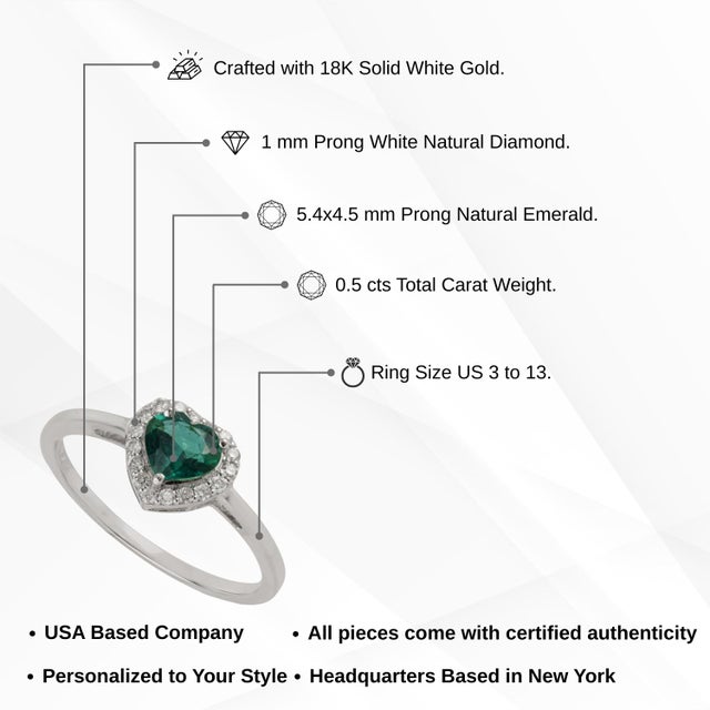 Art Deco Heart Cut Emerald & Diamond Promise Ring Size 7 in 18k White Gold For Sale - Image 12 of 16