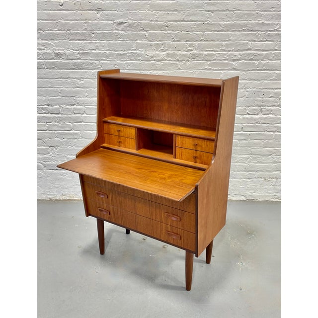 Wood Mid Century Modern Teak Secretary Desk – Scandinavian Writing Desk With Storage, C. 1960’s For Sale - Image 7 of 15