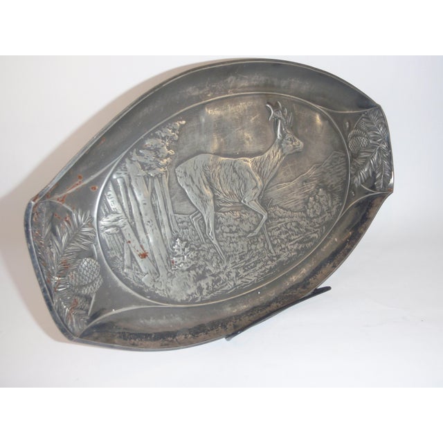 Early 20th Century Large Oval Vintage Pewter Platter With Roe Deer in Mountains With Pinecone Edge For Sale - Image 5 of 12