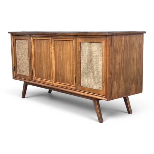 Mid-Century Modern Restored Mid-Century Modern Walnut Media Console With Cane & Tambour Doors For Sale - Image 3 of 11