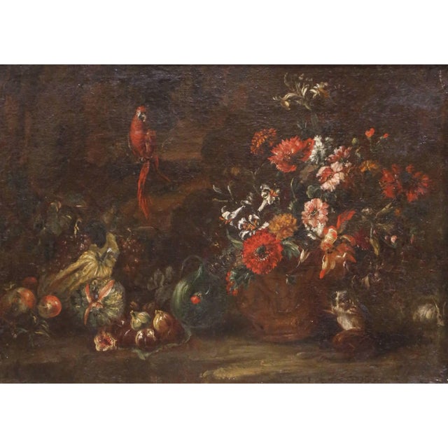 Traditional 18th Century Flemish School Still Life Painting With Flowers and Parrot For Sale - Image 3 of 11