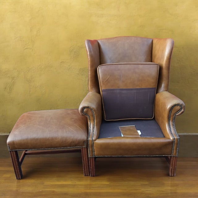 2000 - 2009 Wingback Leather Armchair and Matching Ottoman by Classic Leather. For Sale - Image 5 of 12