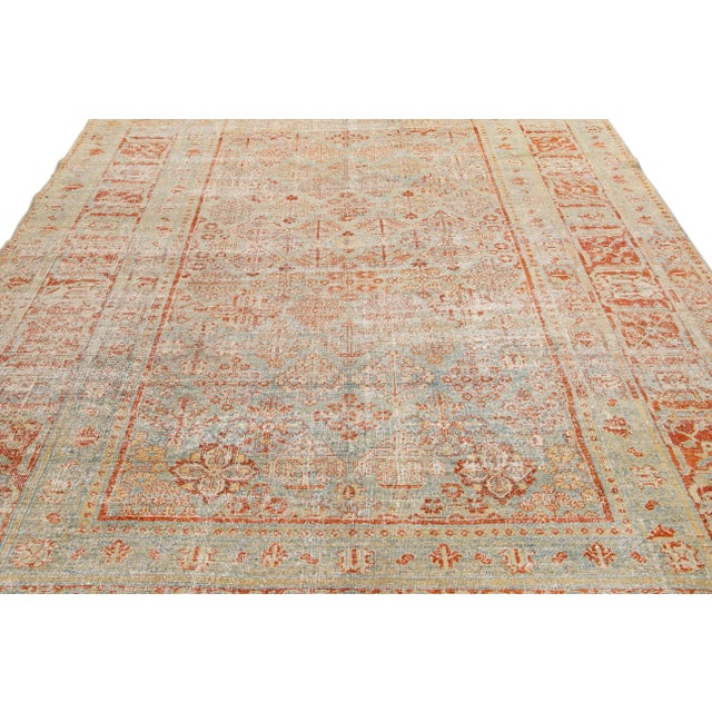 Traditional Antique Tabriz Blue and Rust Handmade Allover Pattern Persian Wool Rug For Sale - Image 3 of 10