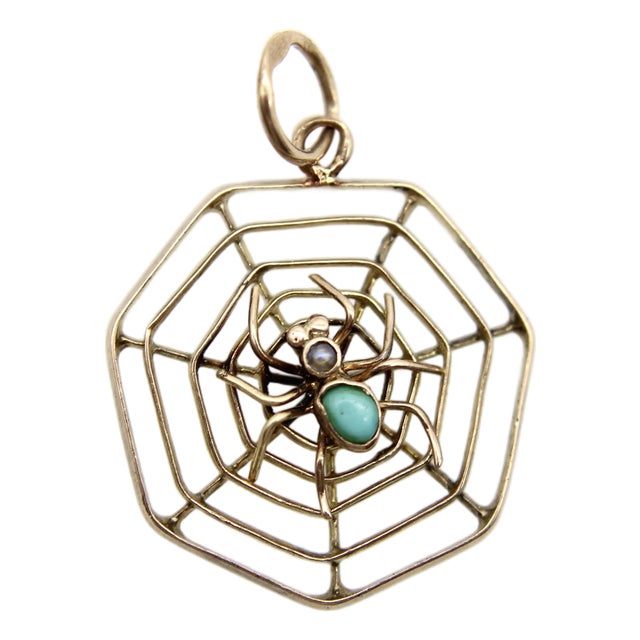 Late 19th Century 9k Gold Victorian Spider Pendant With Turquoise and Pearl For Sale