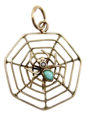 Late 19th Century 9k Gold Victorian Spider Pendant With Turquoise and Pearl