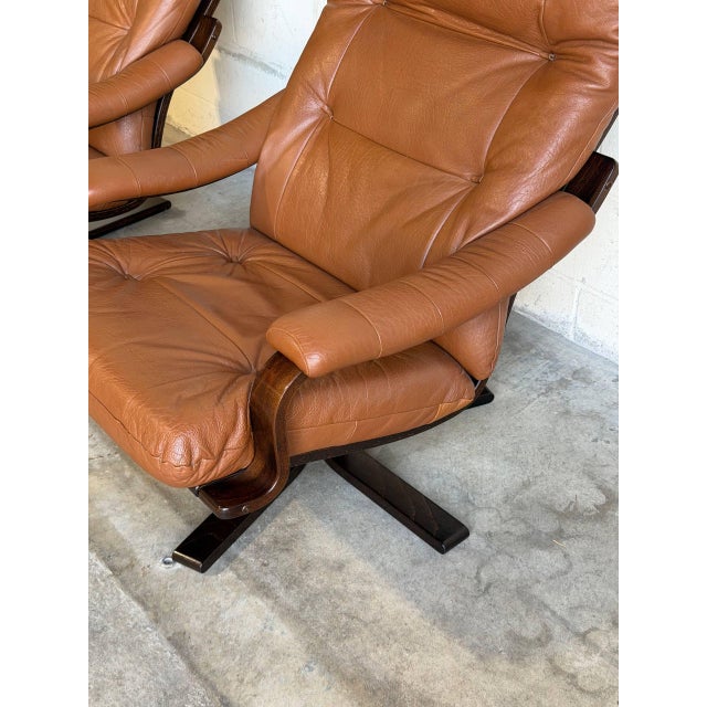 Pair of Brown Leather Swivel Lounge Chairs Danish Mid-Century Modern 1970s For Sale - Image 9 of 13