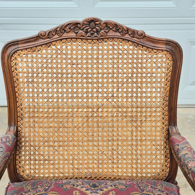 Late 20th Century Late 20th Century Louis XV Carved Walnut Cane Back Arm Chairs Fauteuils, a Pair For Sale - Image 5 of 18