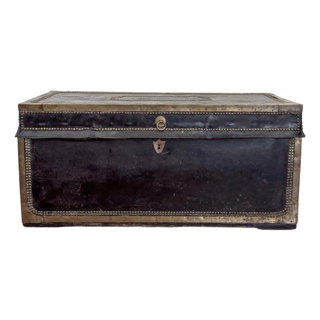 19th C English Leather & Camphor Wood Trunk For Sale