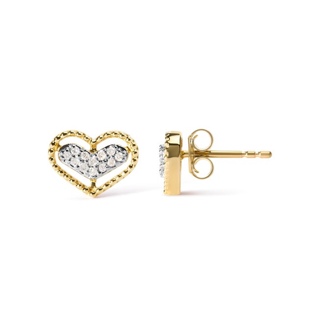 Contemporary 10K Yellow Gold 1/10 Cttw Diamond Heart and Beaded Halo Stud Earrings (I-J Color, I1-I2 Clarity) For Sale - Image 3 of 5