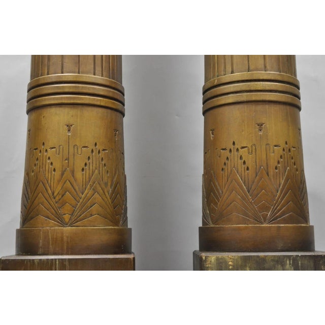 Art Deco Antique Art Deco 75" Tall Wooden Pedestal Column Geometric Chevron Carved - Pair For Sale - Image 3 of 18