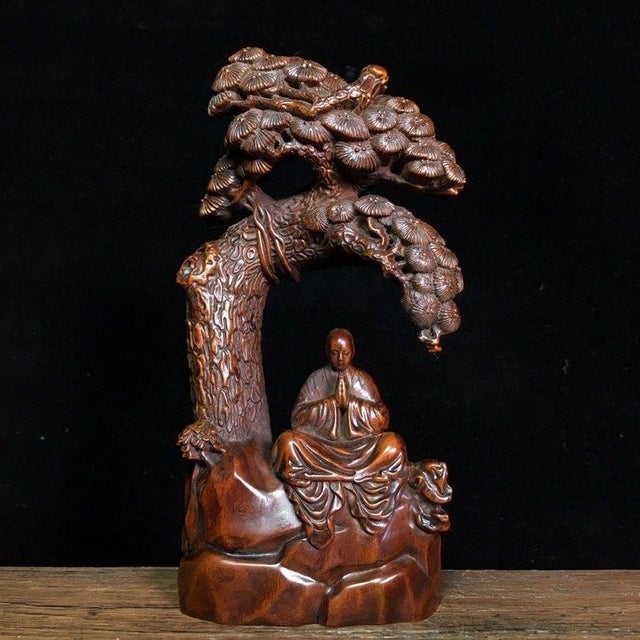 Hand-Carved Boxwood Figure of a Monk Under a Pine Tree For Sale - Image 9 of 9