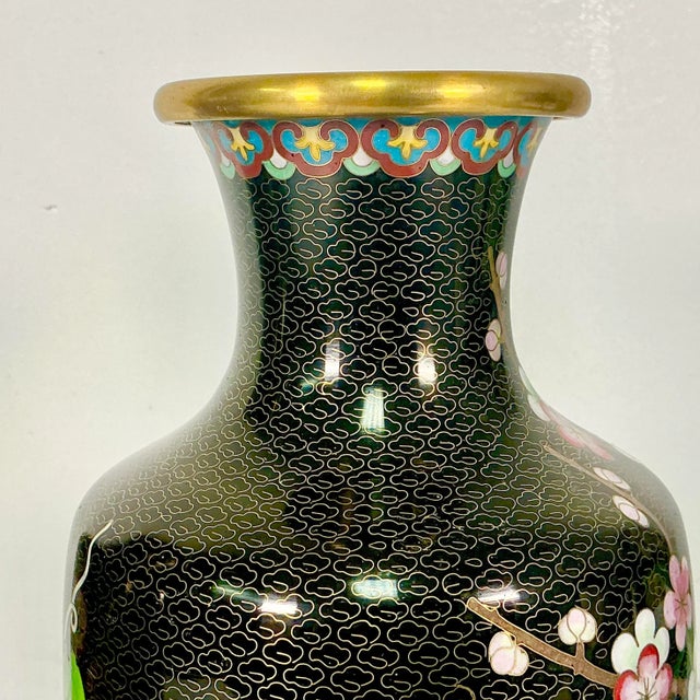 1940s Vintage Boho Chic Chinese Cloisonné Cherry Blossom Vases - A Mirrored Pair. For Sale - Image 15 of 17
