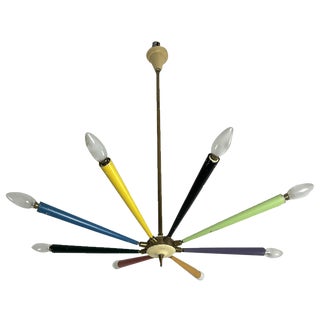 Mid-Century Sputnik 8-Arm Brass and Colored Enamel Chandelier in the style of Arredoluce, 1950s For Sale