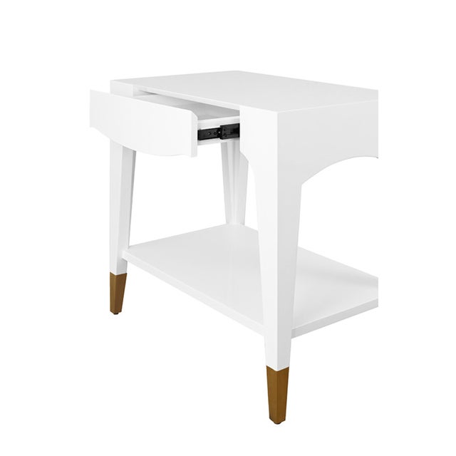 Contemporary Matthew Izzo Home Ronny Glossy White Lacquer One Drawer Side Table With Antique Brass Foot Caps For Sale - Image 3 of 7