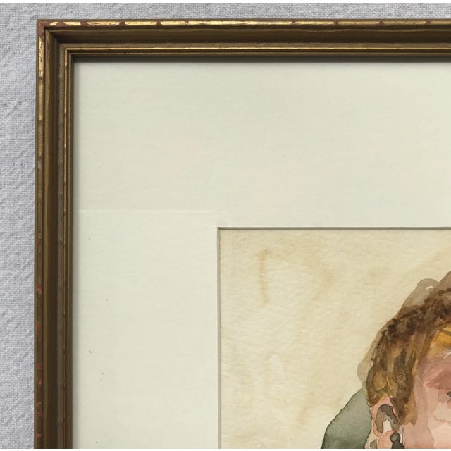 Modern Expressionist Portrait Original Watercolor Painting in Vintage Giltwood Frame For Sale In Los Angeles - Image 6 of 11