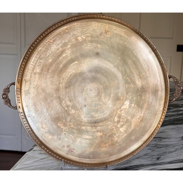 Brass Made in India Solid Brass Round Tray With Floral Motif Handles, Polished For Sale - Image 8 of 17
