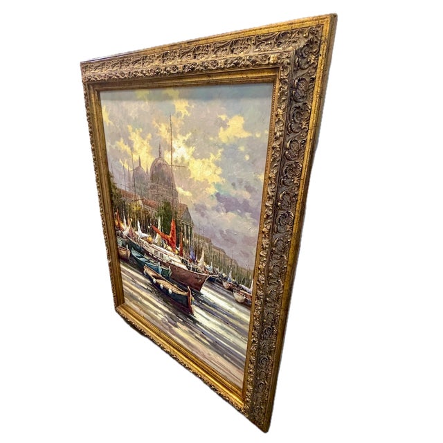 Nautical Large Vintage Signed Harbor Scene Painting For Sale - Image 3 of 13