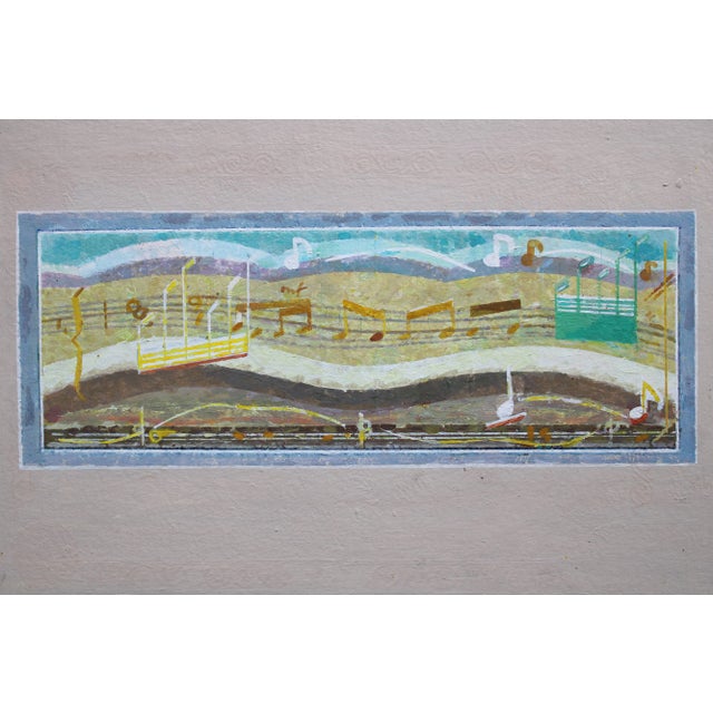 Song. Cardboard, tempera 22.5x59 cm the painting appears to be an abstract representation of a musical landscape. The...