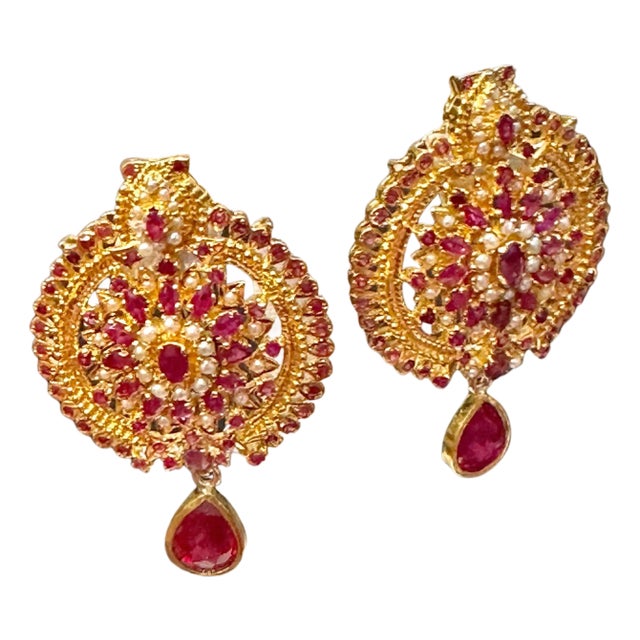 22 Karat Gold Ruby & Natural Pearl Yellow Gold Circle Stud Earring, Hanging Ruby For Sale