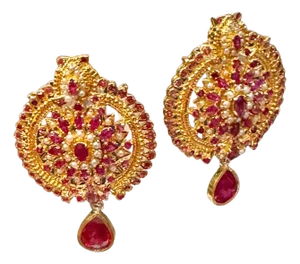 22 Karat Gold Ruby & Natural Pearl Yellow Gold Circle Stud Earring, Hanging Ruby
