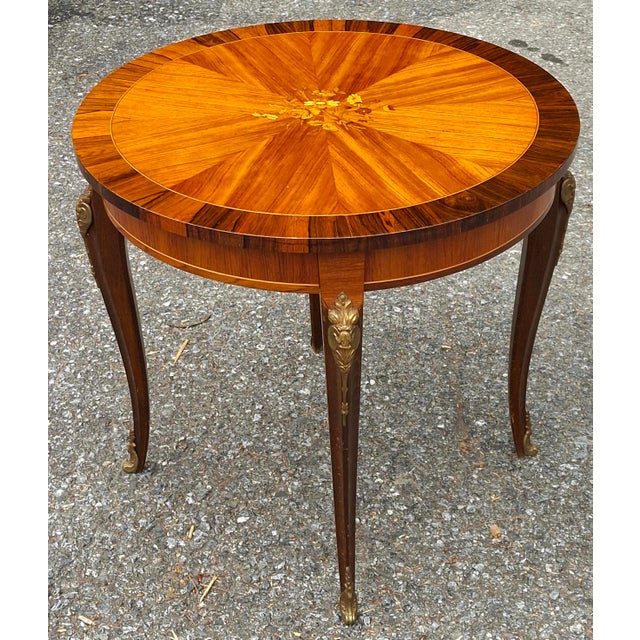 Louis XV Style Gilt Floral Marquetry Tulipwood and Kingwood Gueridon Table For Sale - Image 4 of 10